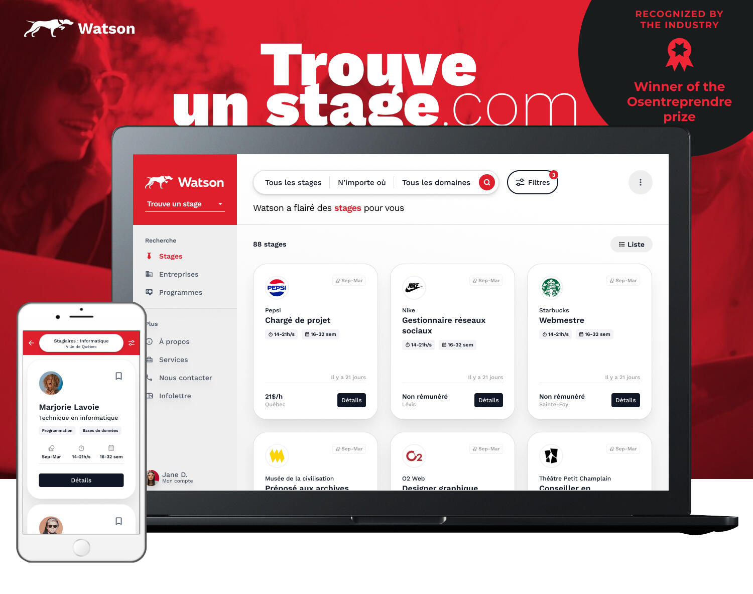 Trouve un stage Lancement de la plateforme SaaS « Trouve un stage » — Gagnant du prix Osentreprendre